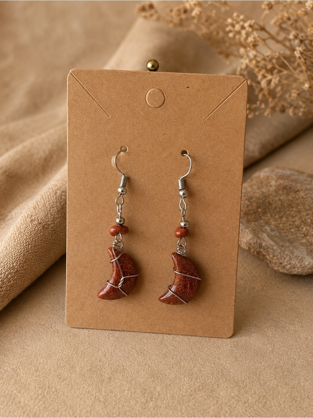 Celestial Goldstone Crescent Moon Earrings / Handmade Boho Gift